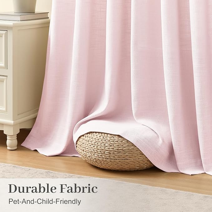Light Pink Pinch Pleated 84 Inch Curtains for Living Room, Semi Sheer Light Filtering Privacy Linen Curtain Memory Trained Back Tab Drapes with Hooks Rings for Girls Bedroom, 2 Panels, W40xL84