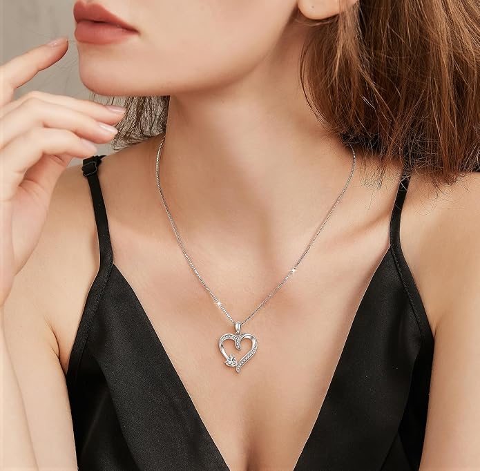 Love Heart Necklace for Women, 925 Sterling Silver Cubic Zirconia Birthstone Heart Pendant Jewelry Gift for Mom, Mother, Wife, Girlfriend on Birthday, Mother's Day, Chain 18 inch