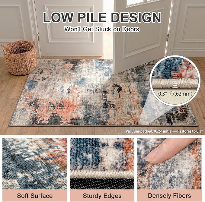 Low Pile Area Rug for Home Office Under Desk, Washable Abstract Carpet Robot Vacuum Compatible 0.3 Inch Cotton-Backed Non-Slip Silicone Grip Dining Room Mat, Terracotta Blue, 5'x7'