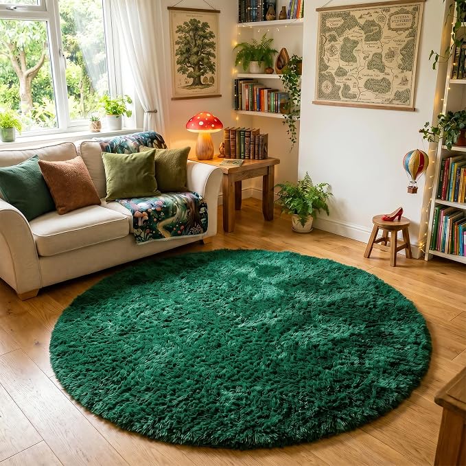 Amdrebio Dark Green Round Rug 6Ft for Living Room Bedroom, Fluffy Thick Floor Circle Area Rugs for Kids Room Decor, Furry Shag Rug for Baby Nursery, Teens Dorm, Fuzzy Plush Cool Emerald Green Carpet