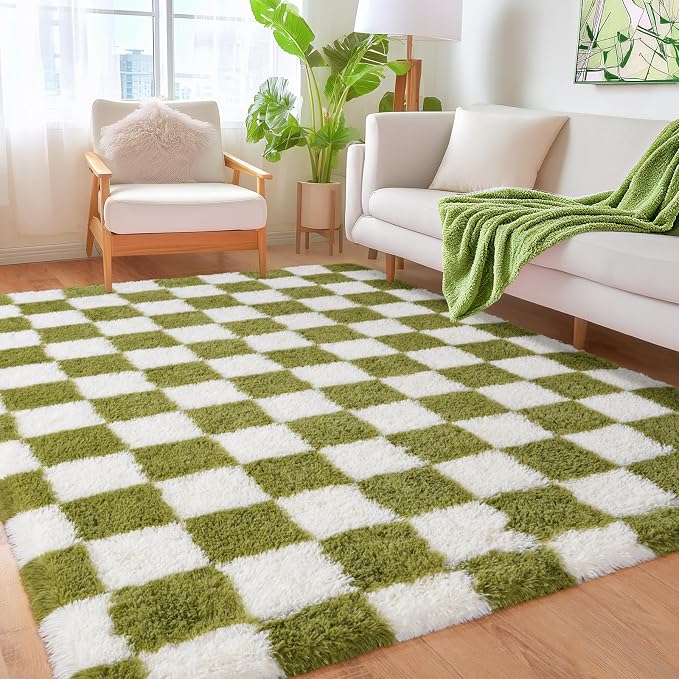 Pionblank Fluffy Area Rug for Bedroom 5x7, Modern Indoor Shag Carpet, Soft Plush Non Slip Checkered Rugs for Living Room Kids Room Home Decor, Grass Green and White