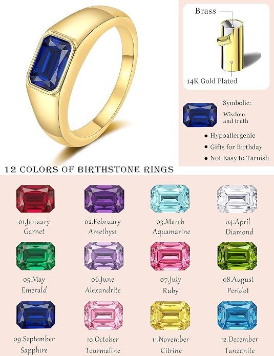 Birthstone Gold Rings for Women Non Tarnish 14K Gold Plated Chunky Emerald Rings Thumb Signet Statement Dainty CZ Band Ring Unique Waterproof Cute Jewelry Gift for Birthday Size 6-10