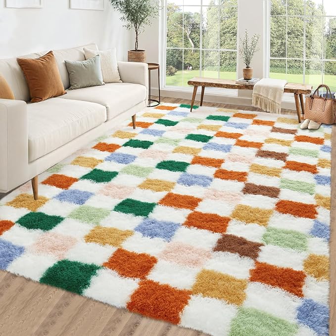 Garvee Large Area Rugs 10x13 Plush Fuzzy Rugs for Living Room,Colorful Checkered Rug Shag Rug for Bedroom, Modern Plush Soft High Pile Upgrade Non-Slip Carpet for Kids Girls and Boys Room Decor
