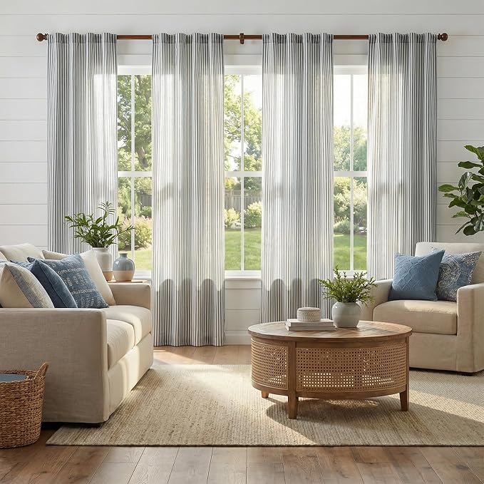 jinchan Linen Curtains 84 Inch Blue Stripe on Beige Back Tab 2 Panels | Curtains For Living Room Bedroom,Ticking Stripe, Farmhouse Cottage Core Rustic,Rod Pocket Window Treatment,Light Filtering