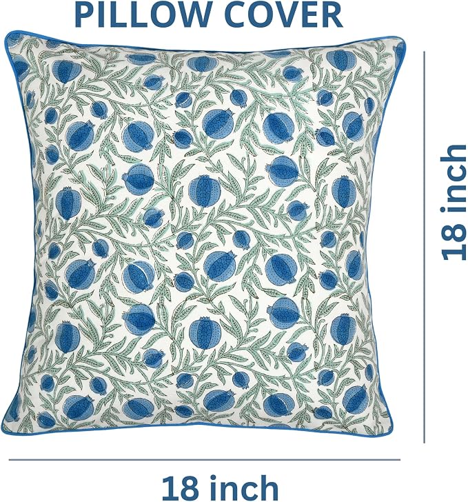 Ridhi Block Print Queen Blue Pillow Cover 18" x 18" (Pack of 2) Decorative Couch Pillows for Living Room, Farmhouse Chic Boho Cute Outdoor Pillows Covers Gifts for Spring, Mother's Day