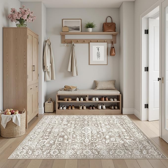 Soalmost Area Rugs 4x6 for Living Room, Neutral Washable Soft Rugs | Stain Resistant Floral Vintage Non-Slip Carpet for Entryway Dining Room Kitchen Farmhouse 4'x6' Light Brown