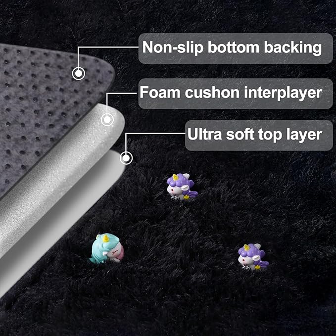 qulint Black Rug for Bedroom, 2x3 Small Area Rug for Living Room Boys Room | Soft Shag Fuzzy Rug for Boys Room, Plush Shaggy Alfombras for Kids Boys and Girls Dorm Kid Room Classroom Home Decor