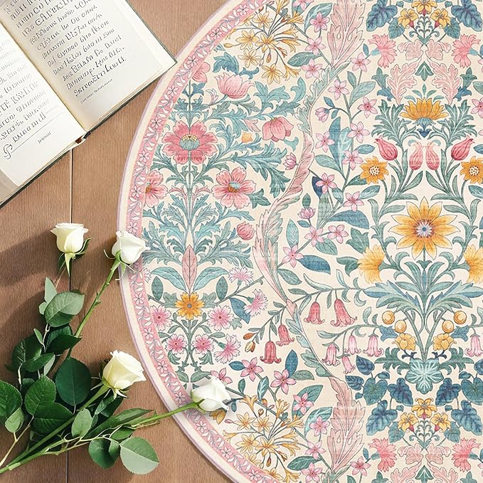 Round Rug 4ft Light Pink Washable Floral Circle Rug,Vintage Boho Botanical Round Area Rugs, Non-Slip Soft Low-Pile Circular Carpet for Girls Bedroom,Kids Room,College Dorm,Home Decor