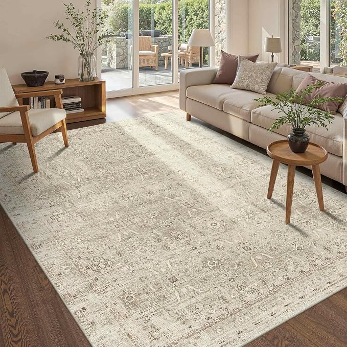Rugxara Beige Area Rugs 5x7 Washable Soft Rug for Living Room Bedroom | Non Slip, Rug for Dining Room Dorm Office Farmhouse, Stain Resistant, Vintage Boho Carpet, Low Pile, Home Decor