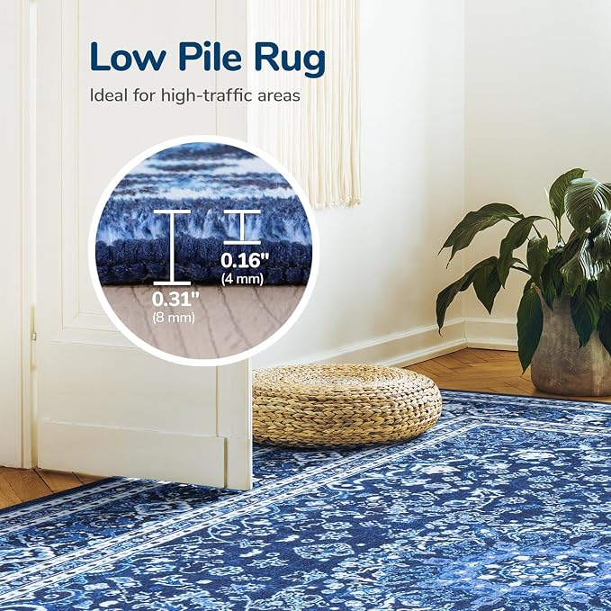 Lessymo Machine Washable Area Rug 5x7 - Super Soft Faux-Wool Area Rug for Living Room Bedroom, Boho Vintage Floral Medallion Non-Slip Low Pile, Kid & Pet Friendly, Blue White