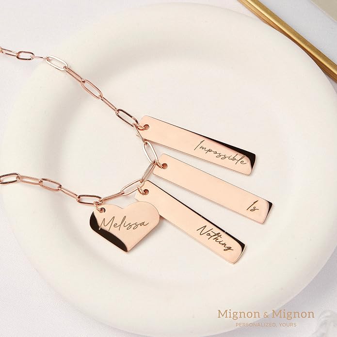 MignonandMignon Custom Engraved Multiple Kids Names Necklace for Mom Birthday Handmade Jewelry Paper Chip Chain with Heart Charm Vertical Nameplate Bar Pendant