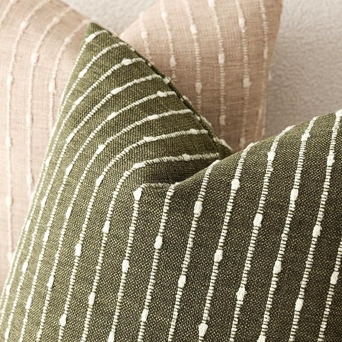 Foindtower Pack of 2 Decorative Jacquard Boucle Throw Pillow Covers Accent Textured Striped Pillowcases Cozy Modern Cushion for Couch Sofa Bedroom Living Room Home Decor 18x18 Inch Olive Green