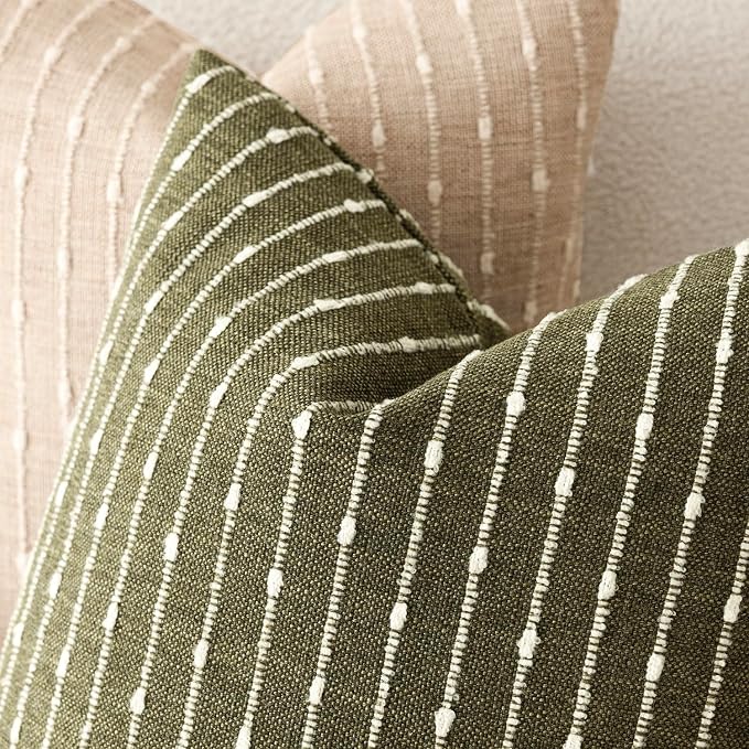 Foindtower Pack of 2 Decorative Jacquard Boucle Throw Pillow Covers Accent Textured Striped Pillowcases Soft Boho Modern Cushion for Couch Sofa Bedroom Living Room Home Decor 20x20 Inch Olive Green