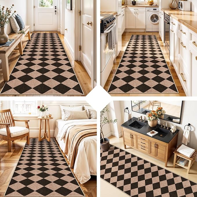 2x8 Checkered Runner Rug Hallway: Washable Faux Jute Indoor Farmhouse Style | Non Slip Backing Narrow Floor Runners Entryway Kitchen Living Room Bedroom Durable Low Pile Textured Carpet (Black/Brown,2x8)