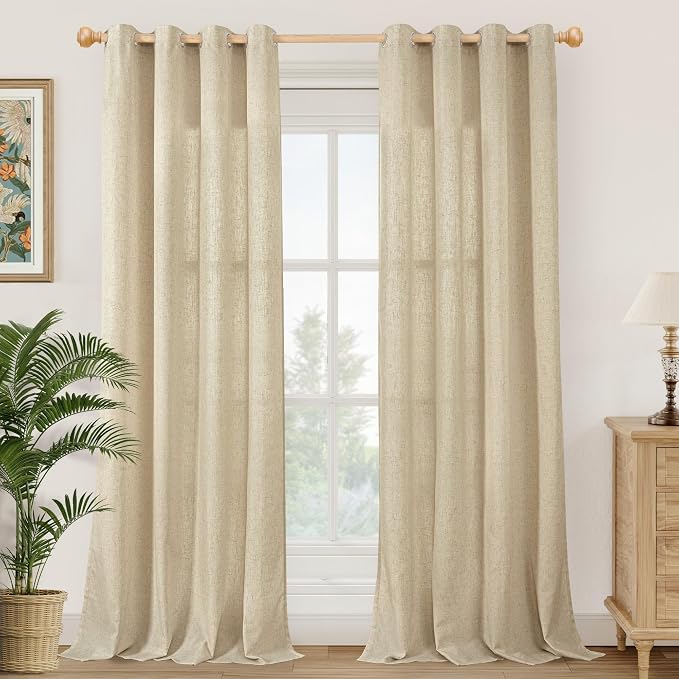 YoungsTex Extra Long Linen Curtains 95 Inch Length for Farmhouse Living Room - Burlap Tan Light Filtering Drapes Grommet Privacy for Country Bedroom, 2 Panels, 52 X 95 Inch
