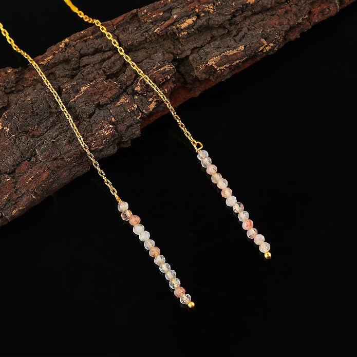 Natural Gemstone Threader Earrings for Women - Dainty 2mm Faceted Beads - Birthstone Crystal Drop Earrings - Silver Plated Healing Jewelry
