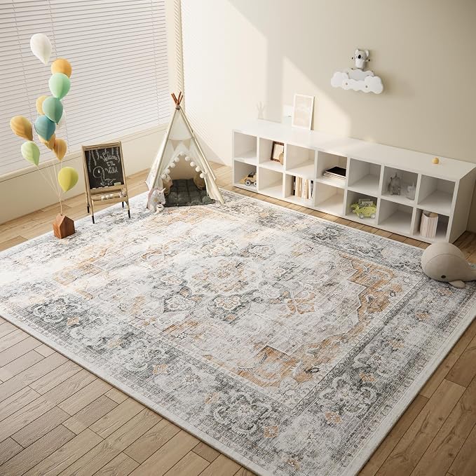 8x10 Area Rugs for Living Room: Washable Rug for Bedroom Non Slip Low Pile Soft Faux Wool Non Shedding Vintage Boho Large Carpet Rug for Dining Room Kitchen Nursery Under Table Farmhouse Office Indoor