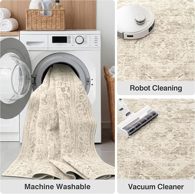 FMFUNCTEX Entryway Rug 2x3 Washable Brown Vintage Distressed Oriental Door Mat Non Slip Low Pile Indoor Carpet Soft Retro Small Throw Area Rugs for Entry Way Entrance Bedroom Kitchen Bathroom Laundry