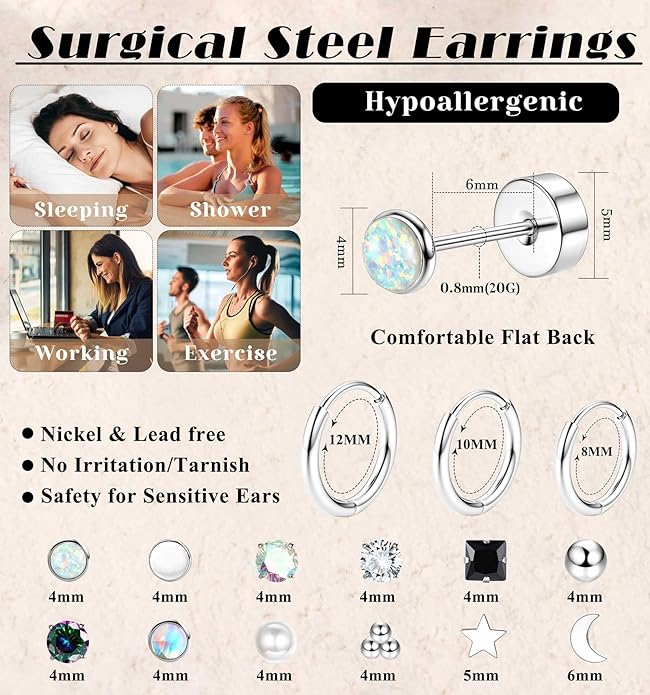 Jstyle Hypoallergenic Flat Back Stud Earrings for Women Men Surgical Stainless Steel Earrings for Sensitive Ears Small Stud Hoop Silver Gold Black Earrings Cartilage Earring Set for Multiple Piercing