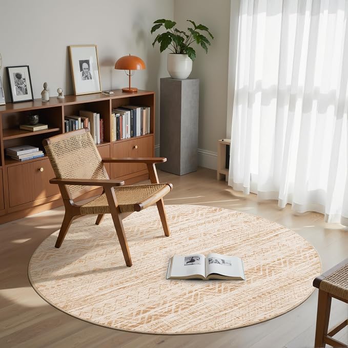 Miukiki Round Rugs 8ft Washable Moroccan Circle Rug for Living Room Non Slip Indoor Floor Carpet Foldable Area Rug for Dining Room with Low Pile(Beige,8'x8')