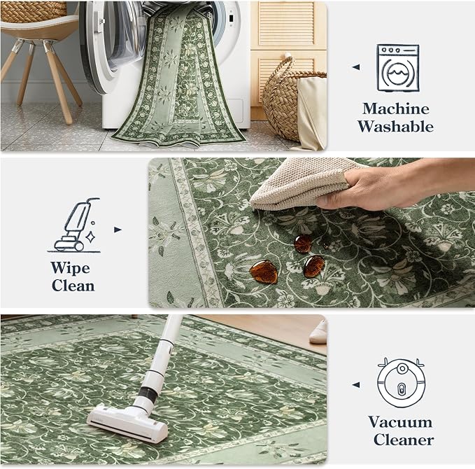 Lahome Floral Green Rugs for Bedroom, Non Slip Washable Rugs 5x7 Rug for Living Room, Stain Resistant Vintage Floral Rug for Dining Room Office (5'x7', Green)