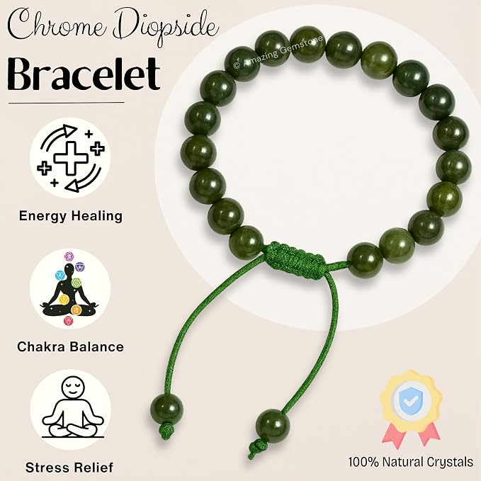 Amazing Gemstone Chrome Diopside Bracelet, Gifts for Men & Women - Protection Healing Crystal Bracelet - 8mm Gemstone Beaded Adjustable Bracelet, Pulseras para Hombres Mujer Stocking Stuffers