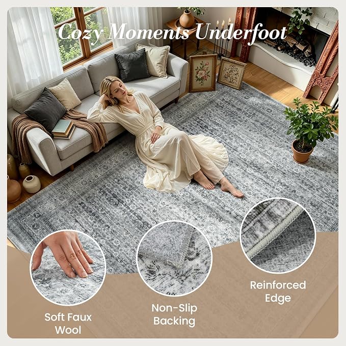 5x7 Washable Area Rugs for Living Room Bedroom, Boho Non-Slip Rug | Vintage Distressed Retro; Low Pile; Stain Resistant; Neutral Soft Carpet for Dining Room, Nursery, Home Office; Foggy Grey