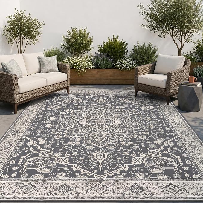 AMOAMI-Outdoor Rug-Patio Rug 5x8 ft Quick Dry Flatweave Textured Machine Washable Outdoor Carpet with Rubber Particles Backing Vintage Outdoor Area Rug for Patio Deck Front Porch Balcony Greyish Black