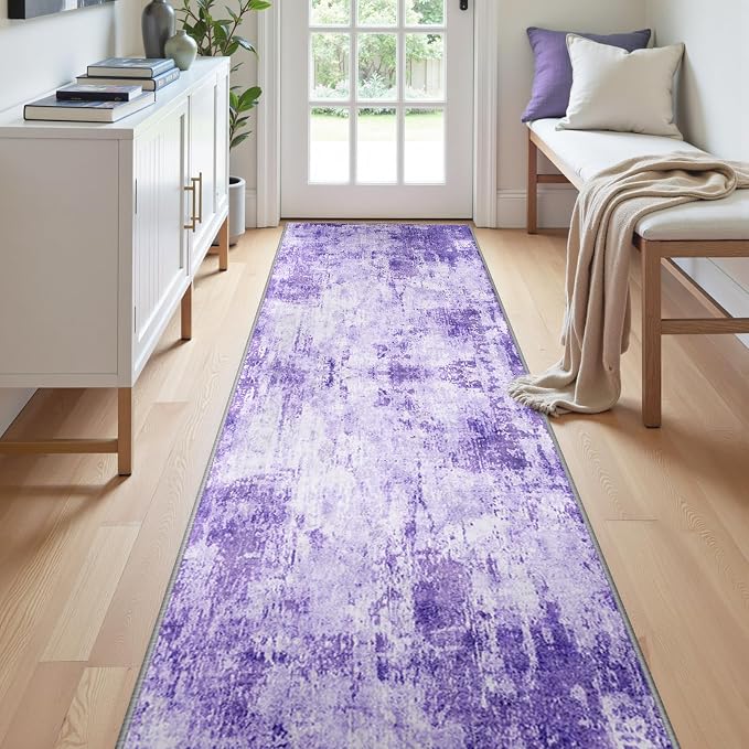 RELEANY Washable Area Rugs 2'x10' Non-Slip Modern Abstract Soft for Living Room Entryway Bedroom Kitchen, Print Pattern, Purple Gray Pink White
