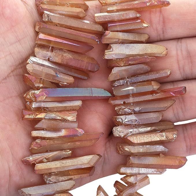 TUMBEELLUWA Rock Quartz Crystal Points Loose Beads for Jewelry Making, Titanium Coated Polished/Raw Quartz Beads 15 Inches Top Drilled,Orange Crystal Points(0.45"-1.35")