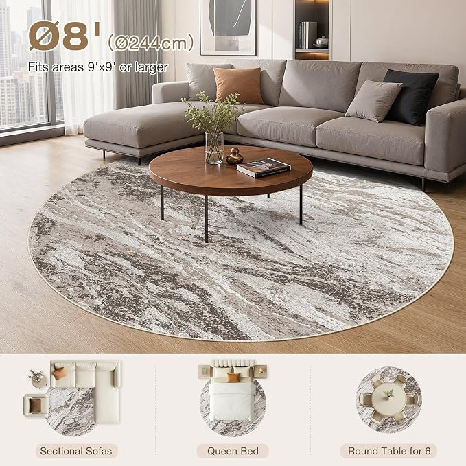 Area Rugs for Living Room: 8ft Round Abstract Washable Rug Modern Neutral Large Soft Stain Resistant Non-Slip for Bedroom Dining Room Indoor Home Office Carpet - Brown