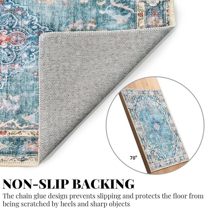 MUJOO 5'x7' Area Rugs Teal Washable Boho Rug Non Slip Low-Pile Floral | Machine Washable Large Throw Carpet for Bedroom Living Room Dining Room Soft Floor Indoor Abstract Flowers Blue Colorful