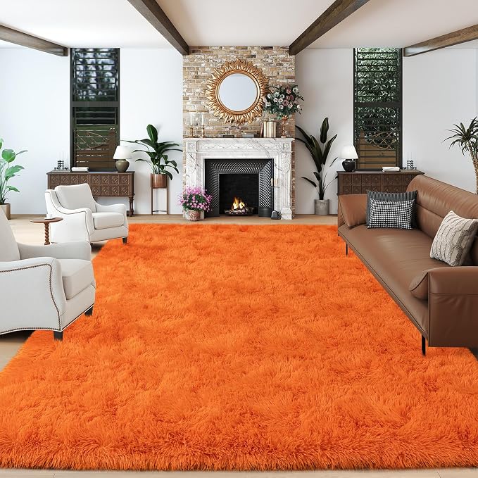 Dssimo Orange Rug for Bedroom Living Room, 9x12 Soft Shaggy Area Rugs | Large Plush Fluffy Upgrade Non-Slip Burnt Orange Rug for Nursery Kids Room Dorm Room Home Decor, Indoor Plush Floor Carpet