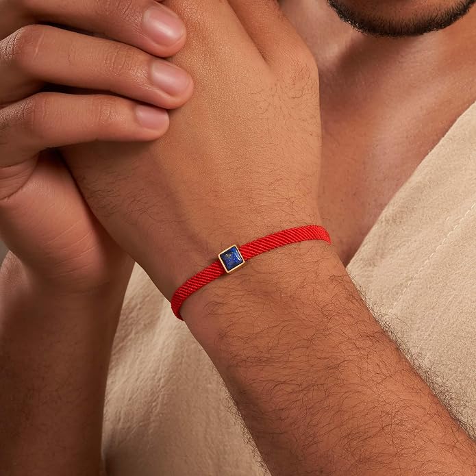 KARMA AND LUCK Red String Bracelet with Black Onyx, Jade, Tiger Eye, Lapis Lazuli - Rhodium Plated Brass, Handmade in Thailand, Available in 6.5", 7", 7.5" Lengths
