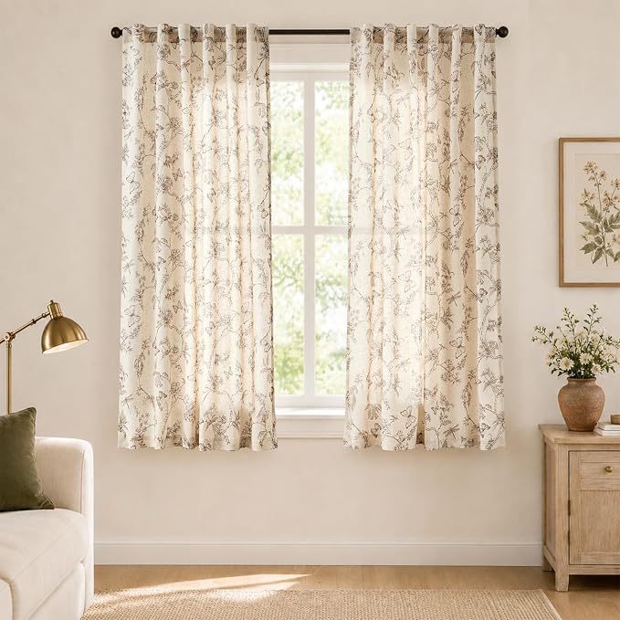 Lazzzy Charlotte Linen Cottage Core Curtains Taupe Floral Curtains 63 Inch Length Back Tab Drapes for Living Room Bedroom Light Filtering Country Vintage Rod Pocket Curtain, 2 Panels, Taupe on Beige