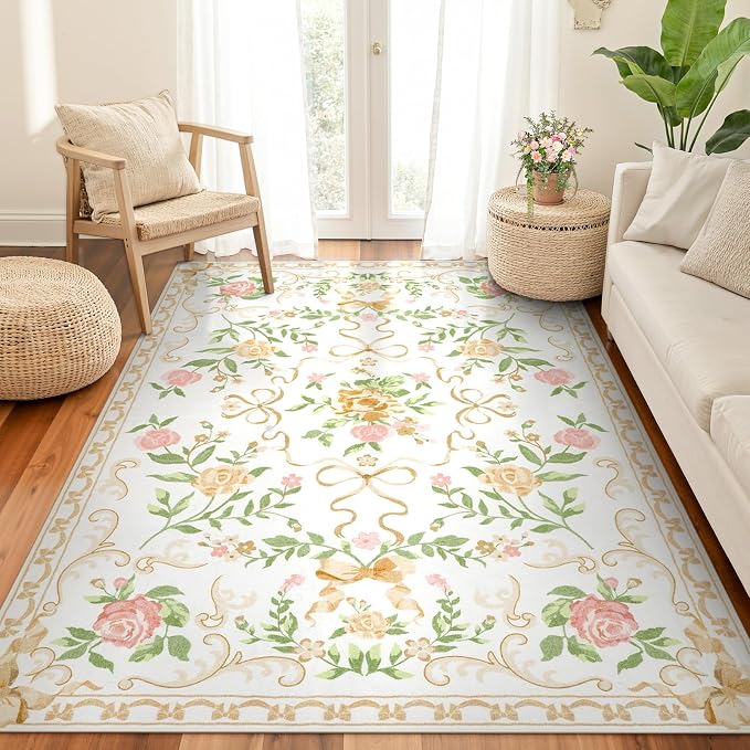 Collive Floral Rugs for Girls, 5x7 Boho Gold Bow Washable Area Rug for Living Room, Cute Ultra-Thin Non Slip Indoor Decor Carpet for Nursery Kids Room Bedroom Playroom