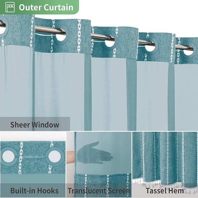 eachope No Hook Extra Long Shower Curtain Set with Snap-in Liner,Linen Textured Thick Striped Fabric with Tassels,Boho Chic Modern Farmhouse Bathroom Curtain,Water-Repellent,Teal,71x86
