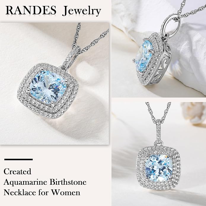 Birthstone Necklace for Women 925 Sterling Silver Cushion/Pear Cut Created Gemstone Halo Pendant Necklace Birthstone Jewelry