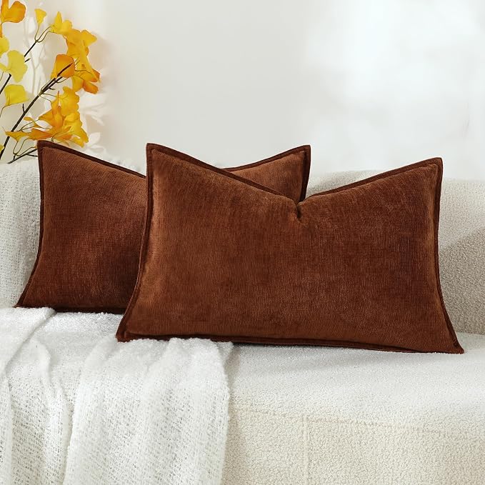 Stellhome Set of 2 Fall Decorative Pillow Covers Super Soft Textured Lumbar Chenille Throw Pillow Covers Accent Solid Cushion Cover for Couch Sofa Bedroom Living Room 12x20 Inch, Mocha Brown