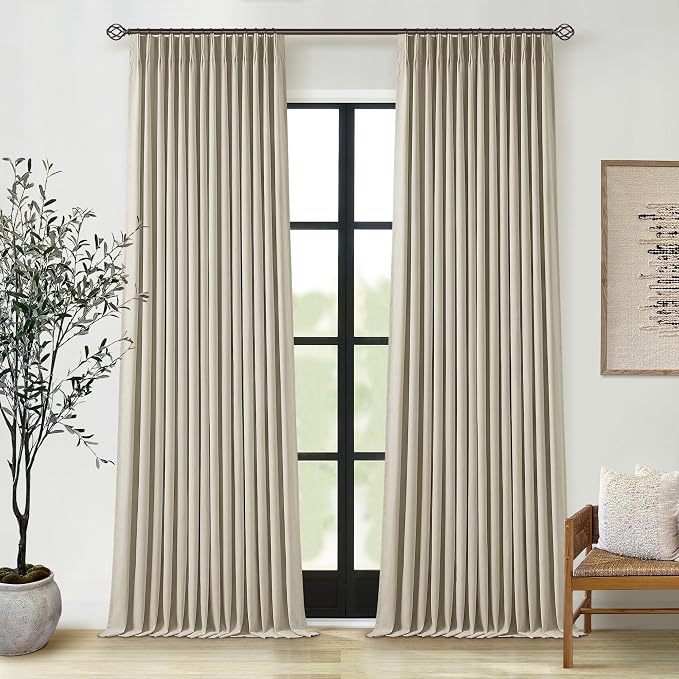 Taupe Linen Blackout 120 Inch Curtains for Living Room 2 Panels Set Pinch Pleated Back Tab Drapes Farmhouse Thermal Insulated Full Black Out Curtains 120 Length High Ceiling to Floor Burlywood Birch