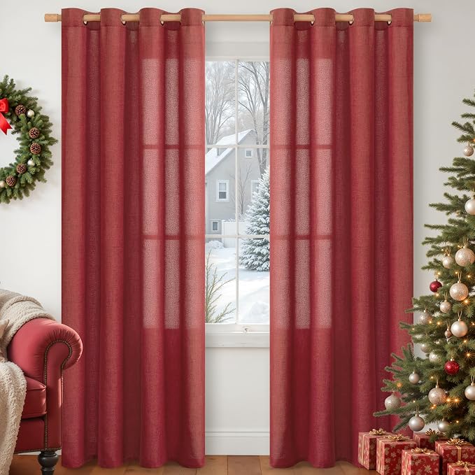 YoungsTex Burgundy Red Linen Curtains 80 Inch Length for Living Room, Light Filtering Window Drapes Semi Sheer with Bronze Grommet Privacy for Bedroom, 52 x 80 Inch, 2 Panels