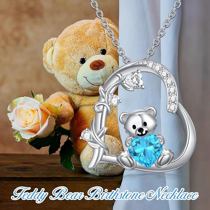 PELOVNY Teddy Bear Necklace for Women 925 Sterling Silver Bear/Highland Cow/Fox/Cat/Axolotl Birthstone Necklace Christmas Birthday Jewelry Gifts for Mom Daughter Wife Sister
