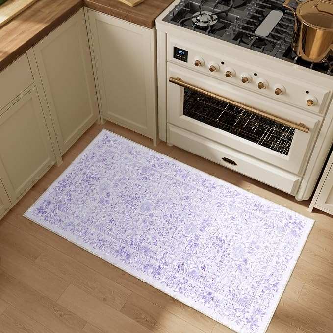 DUKINO 2x4 Rug, Washable Vintage Floral Bathroom Runner Rug, Purple | Non Slip, Low Pile, Stain Resistant, Aesthetic Lightweight Soft Indoor Carpet for Kitchen Entryway Hallway Bathroom Bedroom
