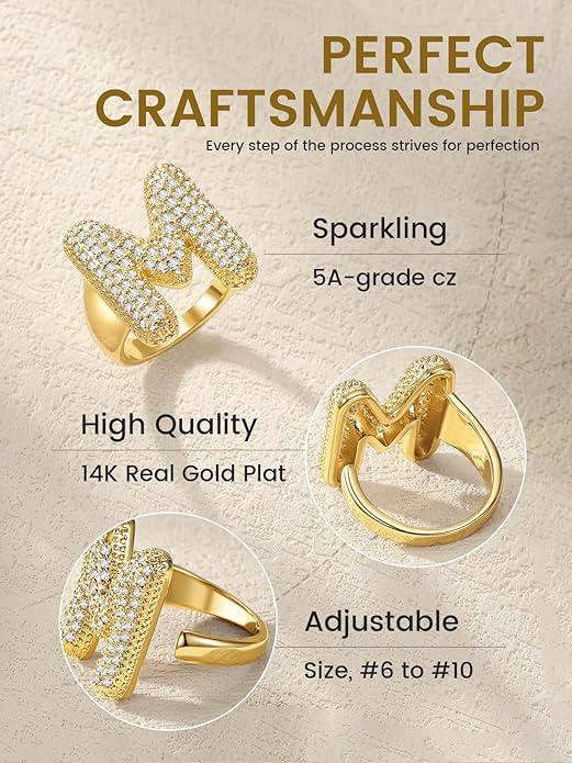 KeyStyle Bold Initial Letter Rings Adjustable, GoldChic Jewelry Women Gold Statement Ring Personalized Engraved Women’s Open Signet Ring for Party (Gold, White Gold, Black)
