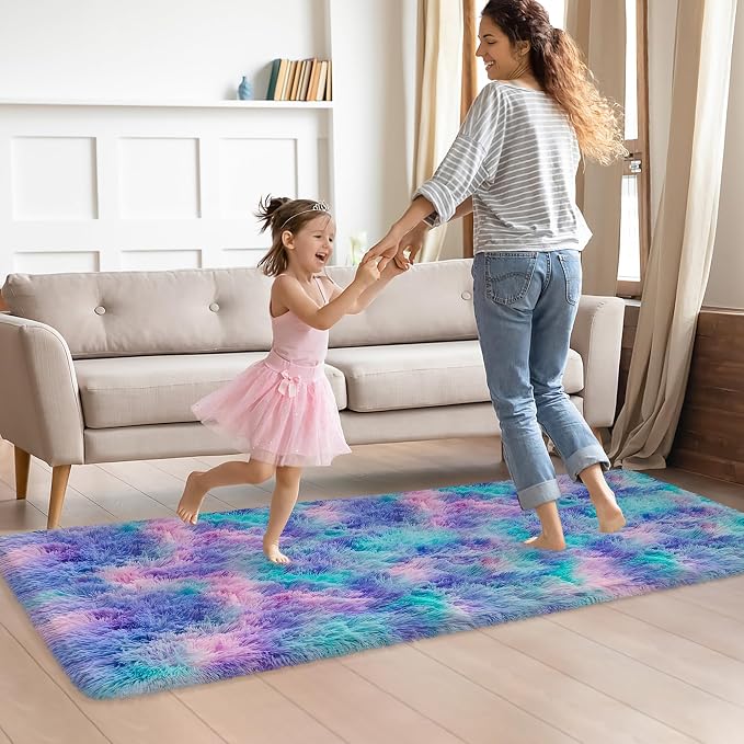 Shaggy Tie Dyed Light Blue Purple Runner Rug 2x6 ft Bedside Area Rugs for Living Room, Anti-Skid Extra Comfy Fluffy Floor Carpet for Indoor Hallway Home Decorative