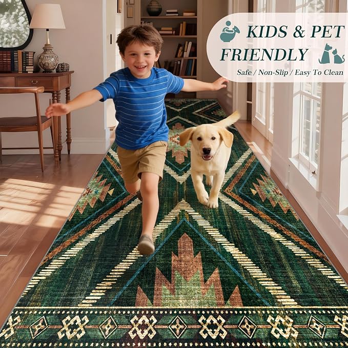 Boho 4x10Ft Area Rugs Runners for Hallway Non Slip, Green Geometric Washable Kitchen Rug Runner Non Shedding, Soft Moroccan Entryway Floor Carpets for Entrance Doorway Office Decor