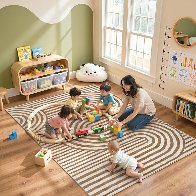 Lahome Abstract Area Rugs 5x7,Soft Living Room Rug Nursery Bedroom Rugs | Colorful Playroom Rug Ultra-Thin Stain Resistance Throw Large Carpet for Kids Classroom Dorm Alba (5'X7',Khaki/Orange)