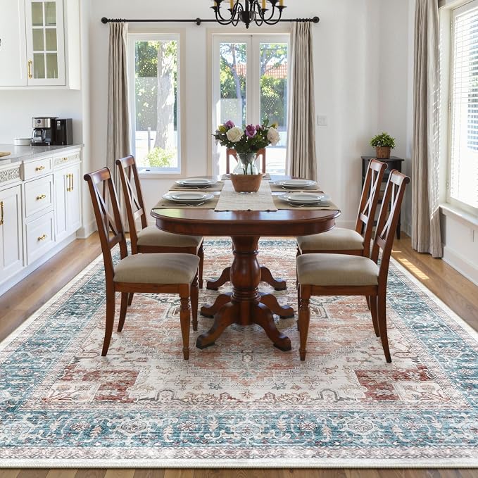 LIVEBOX 8x10 Washable Area Rug - Large Vintage Tribal Living Room Rug Oriental for Bedroom, Non-Slip Retro Medallion Carpet Print Distressed for Dining Room Guest Office