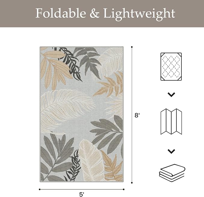 GENIMO 5x8 Outdoor Rug, Washable for Patio and Deck, Sand Grey | Botanical leaf design for porch; fade resistant chenille with quick-dry non-slip backing for indoor sunroom.