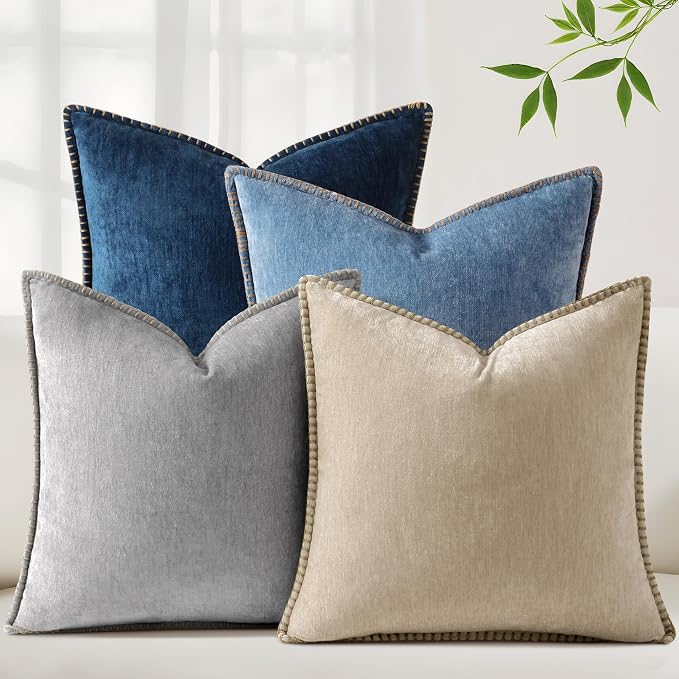 decorUhome Fall Soft Decorative Chenille Throw Pillow Covers 20x20 Set of 4 | Beige Blue Cozy Decorative Modern Farmhouse Neutral Pillow Cases with Stitched Edge for Couch Sofa Bed Living Room Home Decor